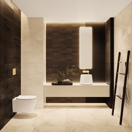 Beżowo-brązowa łazienka w kamieniu i cegiełkach