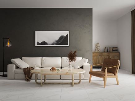 Salon wypoczynkowy z jasną podłogą i ciemną ścianą