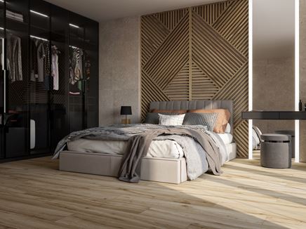 Szaro-brązowa sypialnia z zabudową