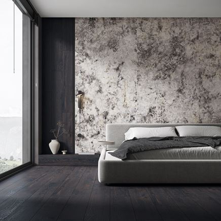 Drewno i wielkoformatowy kamień w stylowej sypialni