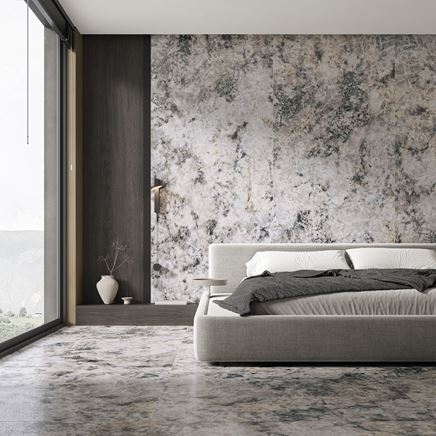 Szary kamień w wykończeniu sypialni