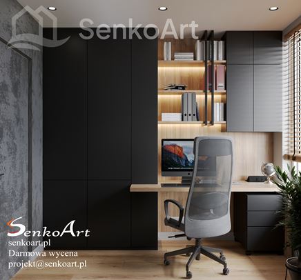 Czarna zabudowa z biurkiem i podświetlanymi półkami w gabinecie