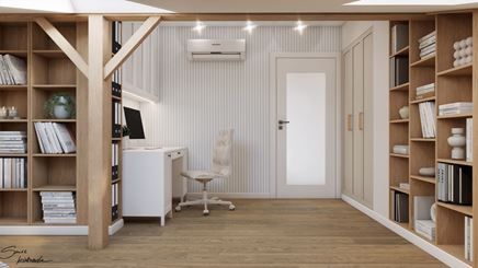 Domowe biuro na poddaszu zdrewnianą podłogą