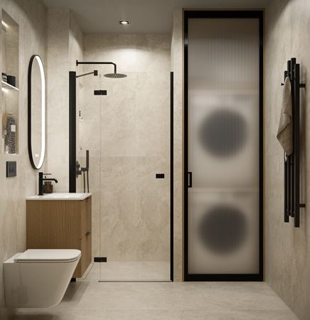 Łazienka w jasnym kamieniu z zabudową wnękową