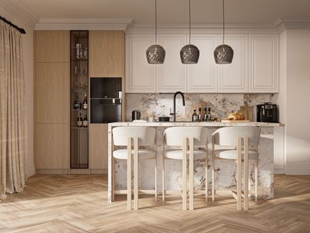 Kuchnia z biało-brązową zabudową i wyspą w kamieniu