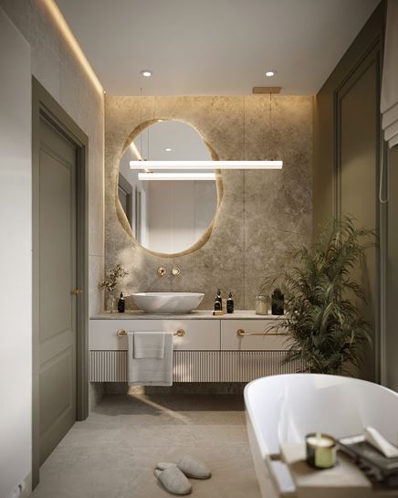 Łazienka z zielenią i beżowym kamieniem