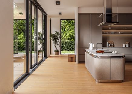 Otwarta kuchnia w drewnie z szarą zabudową