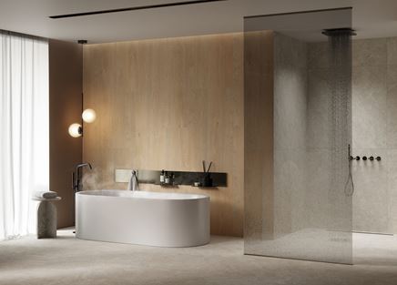 Kamienna łazienka z drewnianym akcentem