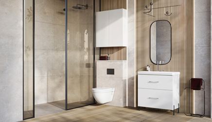 Łazienka w drewnie z białymi meblami