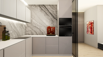 Szara kuchnia ze ścianą nad blatem wykończoną szarym kamieniem