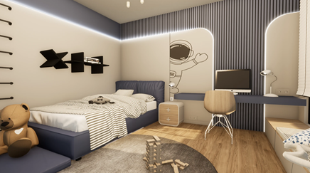 Kosmiczny pokój chłopca z niebieskimi lamelami