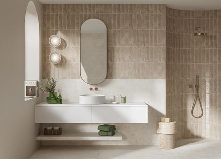 Subtelna łazienka w beżowych cegiełkach