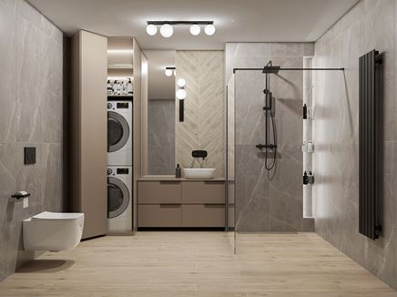 Łazienka z kabiną walk-in w szaro-brązowej kolorystyce