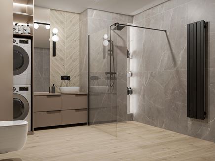 Szaro-brązowa łazienka z jodełkowym akcentem