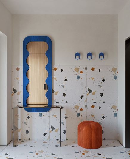 Przedpokój z kolorowym lastriko i szklaną konsolą