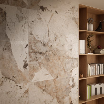 Wielkoformatowe płyty Tubądzin Patagonia Naturale na ścianie w salonie