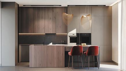 Beżowo-brązowa przestronna kuchnia z wyspą