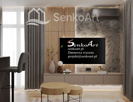 Salon z betonem i drewnem na ścianie za telewizorem