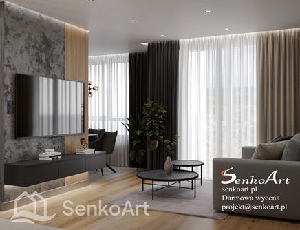 Loftowy salon z betonem i drewnem na ścianie za TV