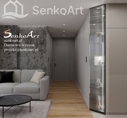 Salon z betonową ścianą i podłogą drewnianą