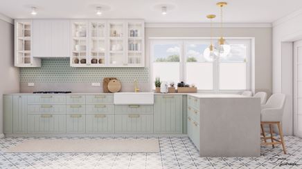 Biało-miętowa kuchnia z dużym oknem
