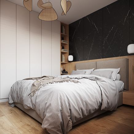 Sypialnia z drewnianym panelem i czernią za łóżkiem