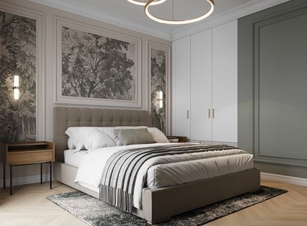 Sypialnia w klimacie modern classic ze sztukateriami