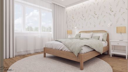 Jasna sypialnia ze wzorzystą tapetą