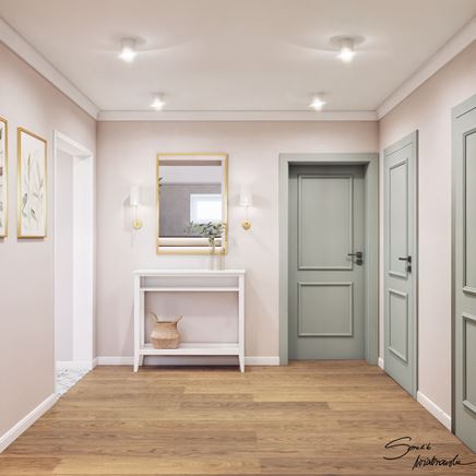 Elegancki przedpokój z zielonymi drzwiami