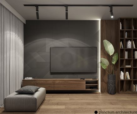 Czarne panele 3d w aranżacji ściany telewizyjnej