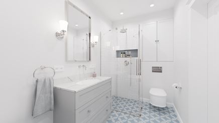 Klasyczna łazienka z niebieskim patchworkiem
