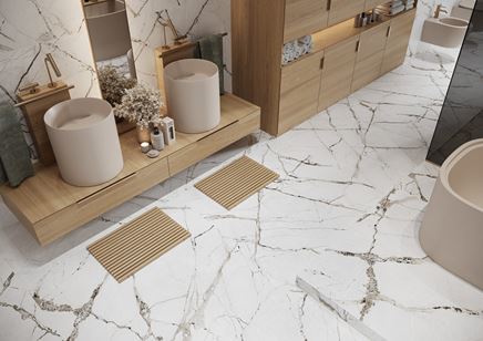 Podłoga i ściana w łazience w wykończeniu płytkami Cerrad Ovation