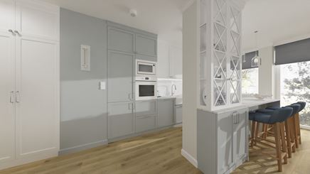 Klasyczna, biało-szara kuchnia hamptons z półwyspem