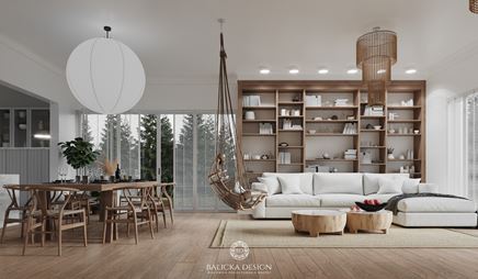 Skandynawski salon z ciepłym drewnem