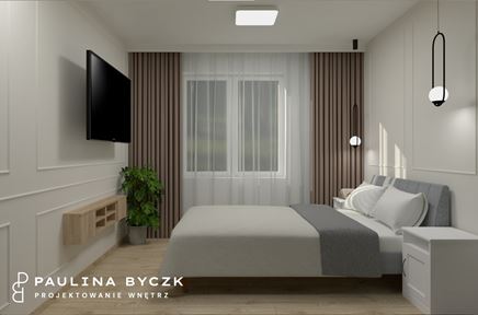 Biała sypialnia ze sztukateriami i drewnianą konsolą