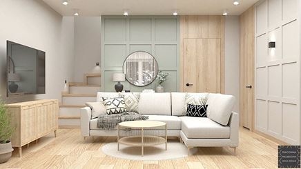 Salon z pastelowymi kasetonami na ścianie i rattanową komodą