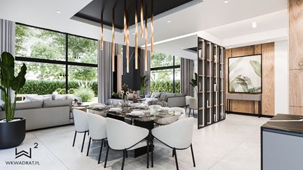 Ogromne lustro przy stole z marmurowym blatem w jadalni