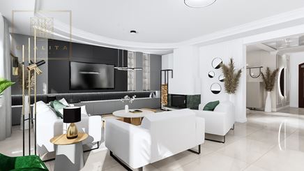 Białe kanapy w nowoczesnym salonie z kominkiem i ciemną ścianką TV