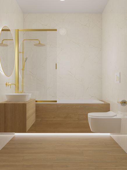 Biała łazienka z prostokątną wanną z dodatkiem drewna