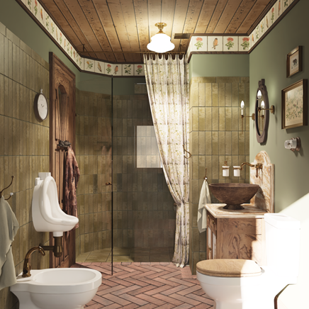 Łazienka z zielonymi, rustykalnymi kaflami i prysznicem we wnęce