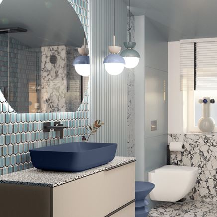 Niebieska łazienka z mozaiką i kamieniem