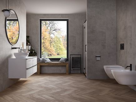 Aranżacja dużej łazienki w betonowych płytach Cerrad Softcement i drewnie Cerrad Tramonto