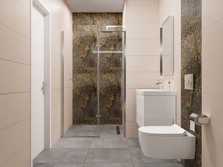 Kremowa łazienka ze złotymi panelami