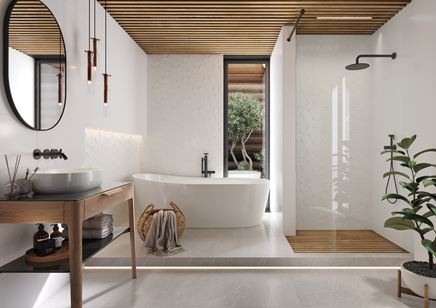 Aranżacja dużej łazienki w białych płytach i drewnie