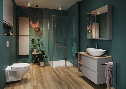 Zielona łazienka z dekoracyjną ścianą