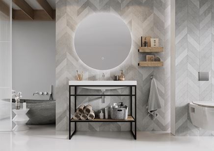 Szara łazienka z jodełkową ścianą