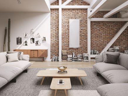 Biało-szary salon ze ścianą w cegłach