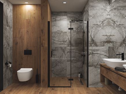 Aranżacja nowoczesnej łazienki w szarym kamieniu i drewnie