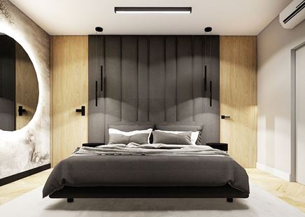 Grafitowe lóżko w nowoczesnej sypialni z drewnem