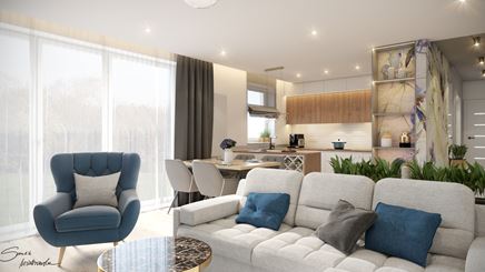 Wypoczynkowy salon z niebieskimi akcentami